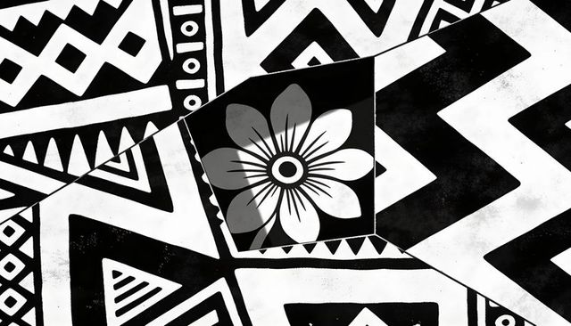 Monochrome tribal textile pattern with tilted floral panel and distressed zigzag chevrons