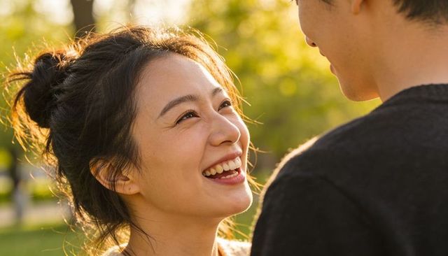 Smiling asian woman gazing at partner in sunlit park close-up romantic golden-hour glow