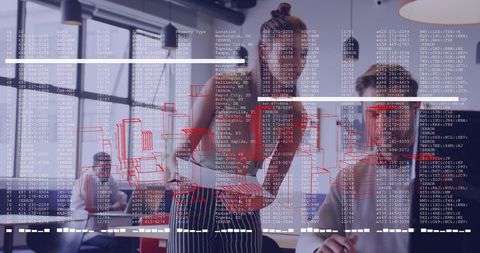 Team analyzing data overlays with 3D wireframe and code stream in modern office