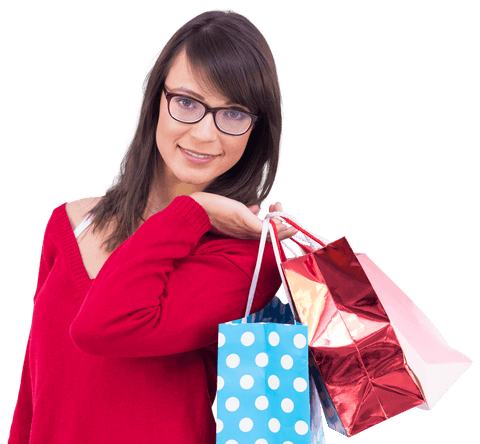 Transparent Happy Woman Holding Colorful Shopping Bags