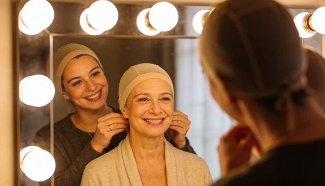 Daughter helping senior woman fastening earrings at lighted vanity mirror smiling warmly
