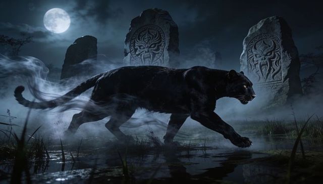 Moonlit black panther prowling misty marsh among ancient carved standing stones