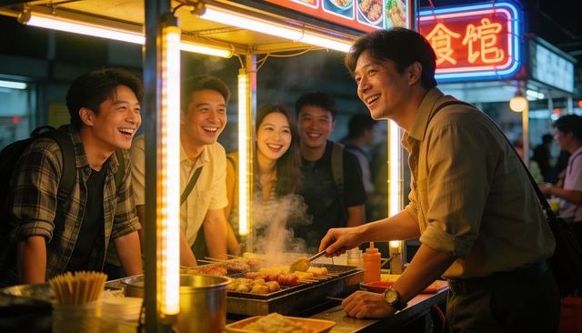 Night market grill master serving skewers under neon lights, smiling customers watching