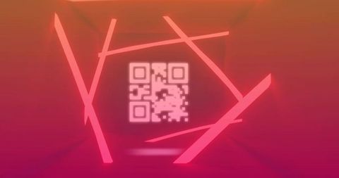 Glowing qr code floating in neon futuristic studio with magenta gradient beams
