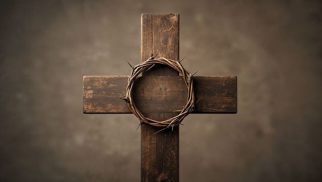 Weathered wooden cross with crown of thorns symbolizing faith