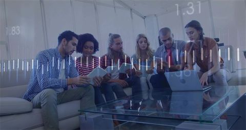 Collaborative Team Discussing Data with Digital Chart Overlay