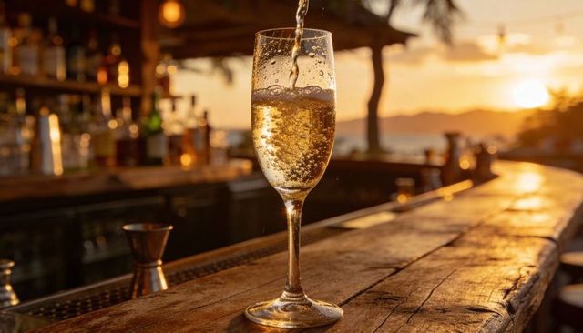 Pouring champagne at sunset on rustic beach bar glass capturing sparkling bubbles
