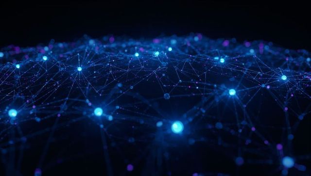 Pulsing blue neural network connecting glowing nodes across dark mesh for data insight