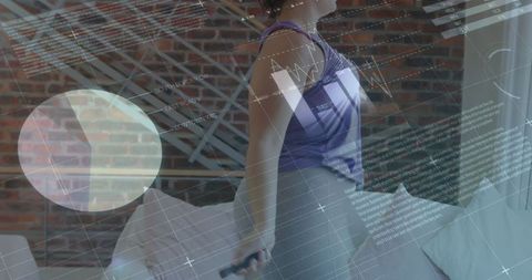 Woman exercising at home with data graphic overlay