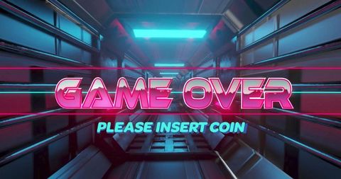 Retro neon game over screen with futuristic tunnel background