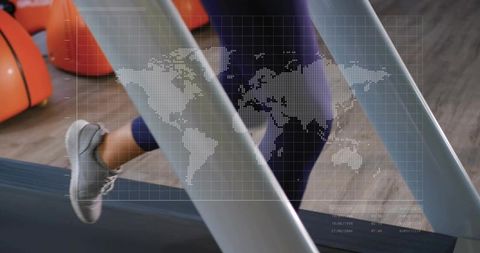 Workout Motivation with World Map Digital Overlay on Treadmill
