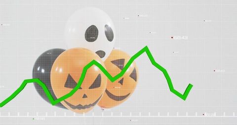 Halloween balloon cluster showing jack-o'-lantern faces and green financial trend line