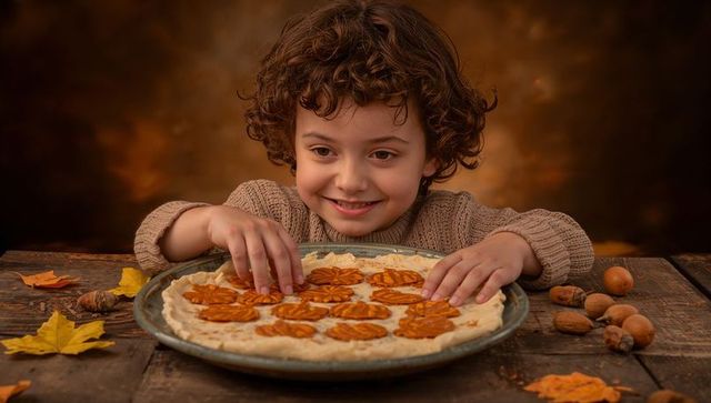 Curly-haired child arranging pumpkin cutouts on pie crust on rustic wooden table with autumn leaves