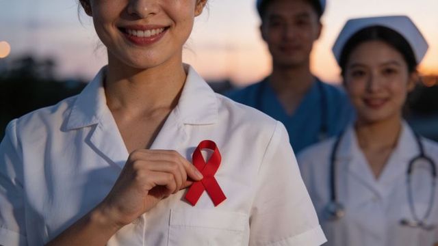 Smiling frontline nurse holding red ribbon at dusk with medical team behind
