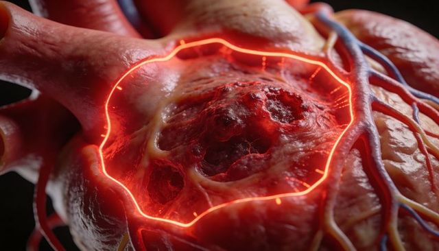 Myocardial crater lesion with neon-red diagnostic ring, coronary vessels, epicardial fat