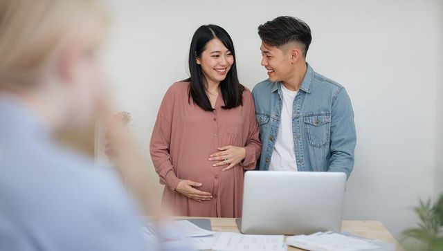 Happy expectant couple collaborating on parenthood plans in office
