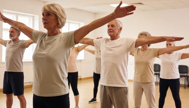 Senior group exercising in community fitness class improving mobility and balance