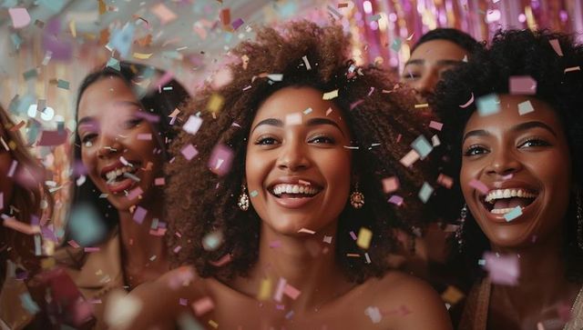 Joyful Women Laughing Amid Confetti at Glamorous Celebration