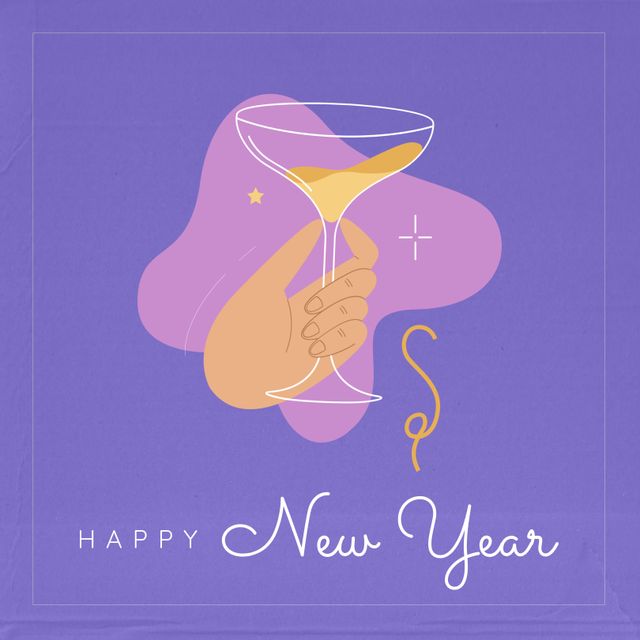 Square image of happy new year and hand with champagne over violet background. New year, tradition, party and celebration concept.