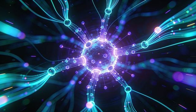 Neon neural nexus: glowing central node radiating filaments for tech and ai visuals