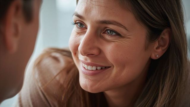 Close-up smiling woman leaning toward partner showing warm intimacy and natural connection