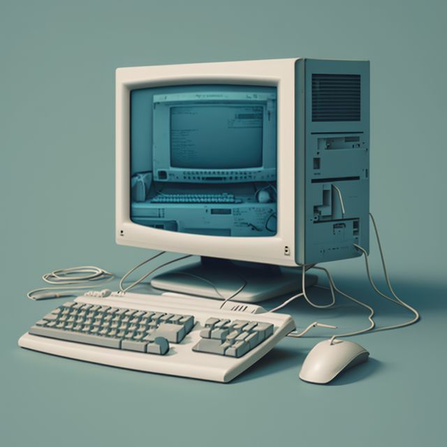 Old computer station with keyboard on green background, created using generative ai technology. Retro computer and technology concept digitally generated image.