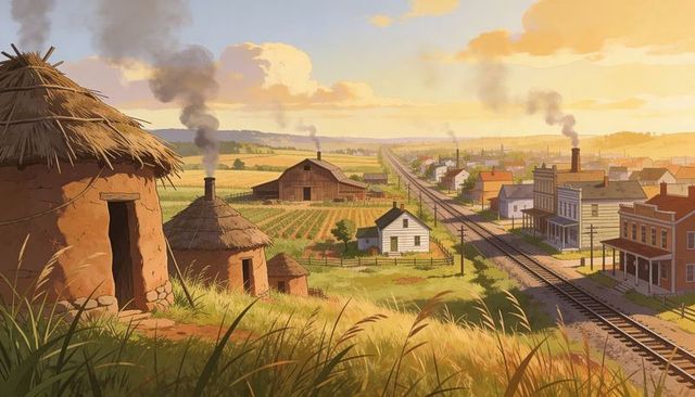 Smoke rising over thatched huts with railroad running through sunlit rural valley farmstead