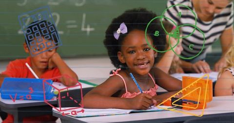 Smiling Girl Engaged in Classroom Activities, Learning Mathematics