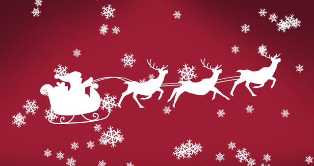 Silhouette of Santa in sleigh being pulled by reindeer across vibrant red background with falling snowflakes. This festive design is ideal for Christmas cards, invitations, holiday decorations, or seasonal marketing materials. Captures traditional holiday theme with modern digital artwork style.