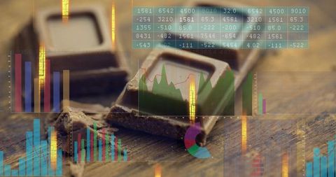 Melting dark chocolate square on wood tabletop with financial graphs and data overlay