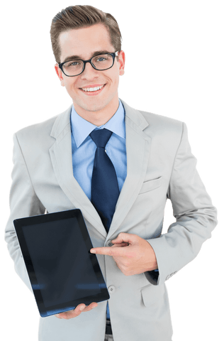 Transparent Confident Businessman Pointing to Tablet with Blank Screen - Download Free Stock Videos Pikwizard.com