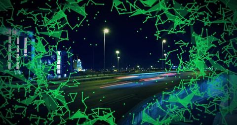 Night highway light trails with neon green network overlay conveying smart traffic flow