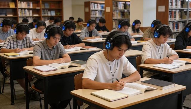 Students wearing headphones studying and taking notes in quiet library classroom environment