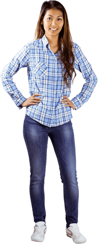 Confident Woman in Plaid Shirt Standing Proudly on Transparent Background