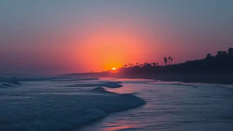 Sunset waves rolling along palm-lined coast with glowing sun dipping below horizon