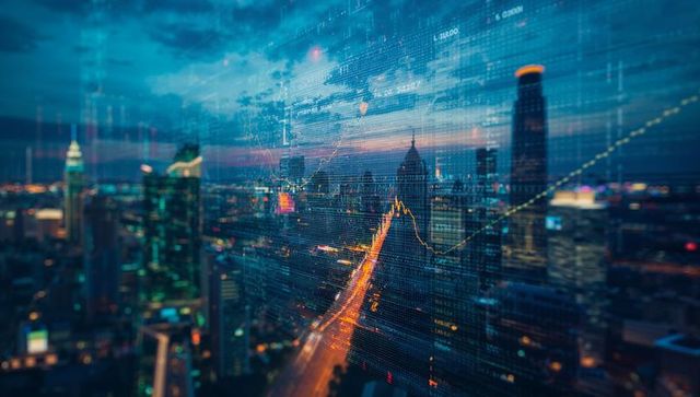 Cityscape Merged with Digital Financial Data and Statistics at Twilight