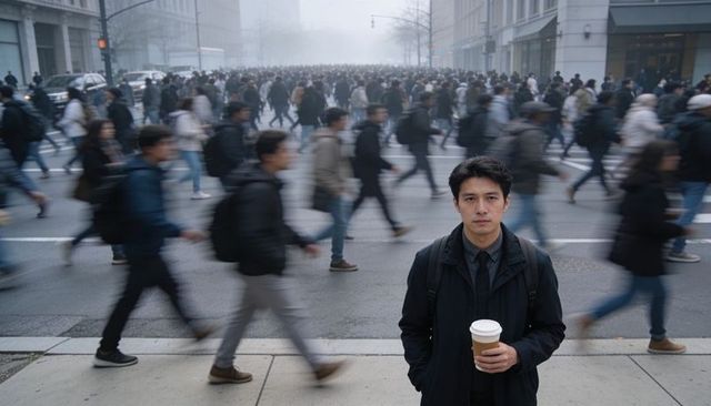 Asian commuter standing with coffee at busy crosswalk, motion blur crowd in foggy city