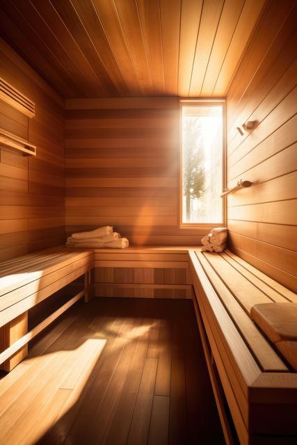 Bright wooden sauna with window and view to trees, created using generative ai technology. Sauna, relaxation and self care concept digitally generated image.