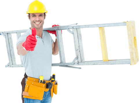 Confident Construction Worker Smiling with Ladder Transparent Background
