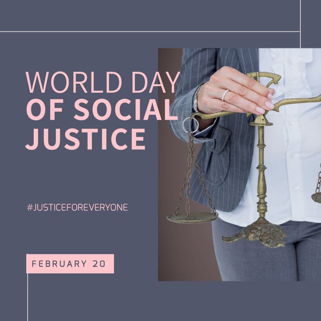 Composition of world day of social justice text and woman holding justice scales. World day of social justice, court and justice system concept digitally generated image.