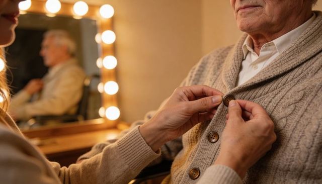 Caregiver buttoning cardigan for senior man, closeup hands showing warm compassionate care