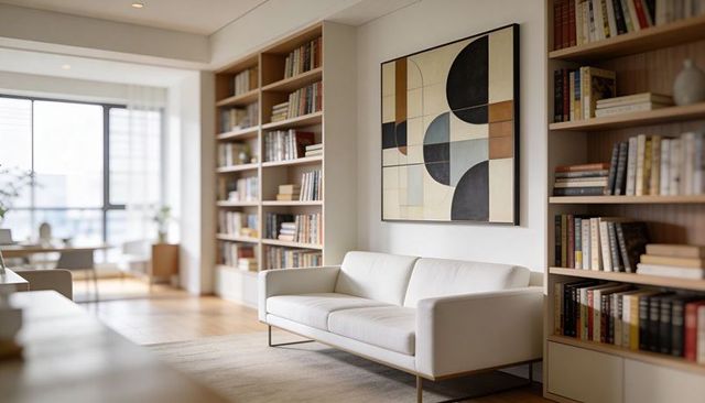 Minimalist living room featuring white sofa anchoring bookshelves and abstract wall art