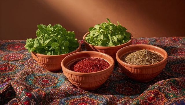 Terracotta bowls holding fresh mint and colorful spices on persian-style paisley cloth