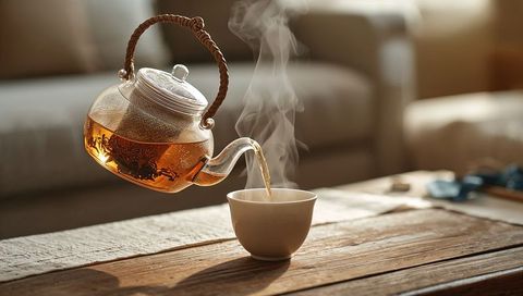 Glass teapot pouring amber tea into ceramic cup on rustic wooden table