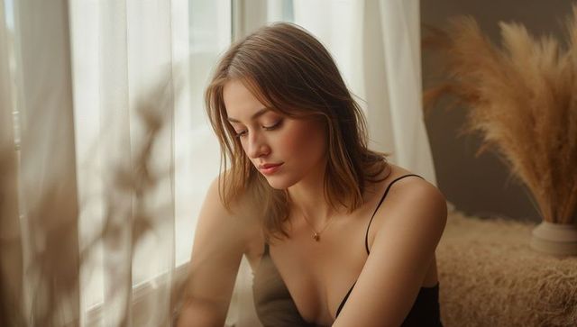 Young woman gazing downward by sheer curtains in warm window light, minimalist bedroom