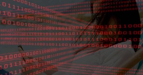 Woman holding smartphone with binary code overlay