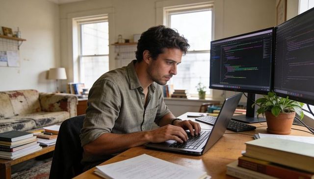 Remote developer working from home coding on laptop and dual monitors with books