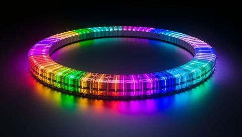Luminescent rgb ring emitting rainbow reflections on dark surface with prism segments