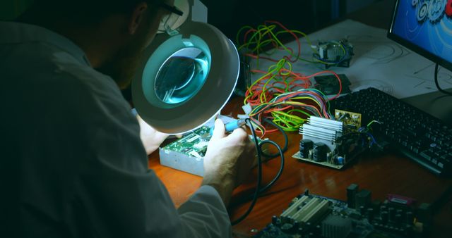 A person is repairing electronic components using a magnifying lamp at a workstation. The surroundings include various electronic parts, a computer keyboard, and tools, indicating an advanced technical environment. This image may be useful for illustrating themes related to engineering, electronics repair, technology, innovation, and professional work. It can be utilized in tech blogs, educational content, marketing materials for repair services, or web tutorials.