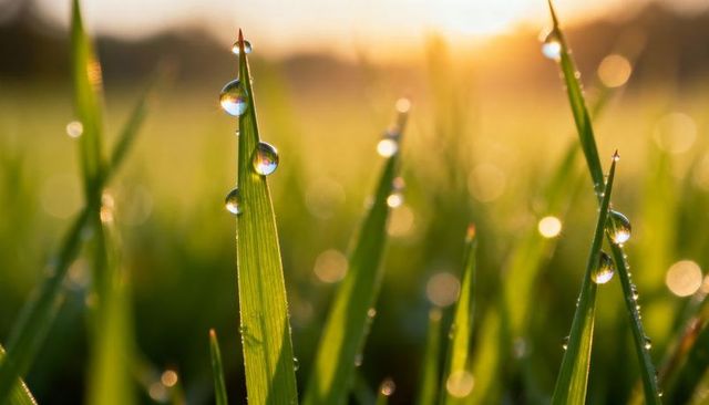 Sunlit dew droplets on single grass blade at dawn macro closeup with golden bokeh